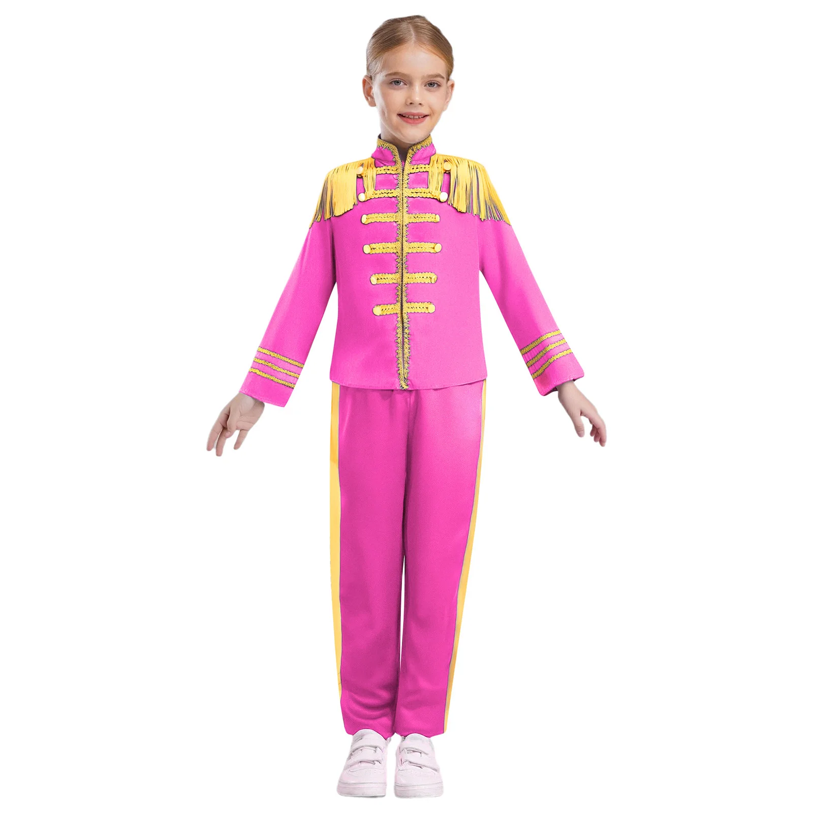 

Костюм британской музыкальной звезды 60-х годов для мальчиков и девочек, рок-группа, барабан, труба, почетная гвардия, рубашка с бахромой в стиле хиппи, куртка и брюки