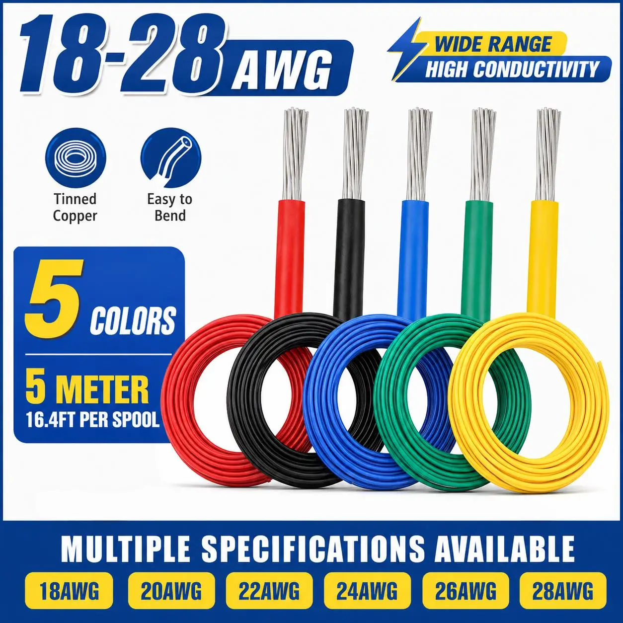 5M Multi-Color Silicone High Temp Electronic Wire, Flexible Easy to Strip for RC Car Drone 3D Printer Wiring Repairs