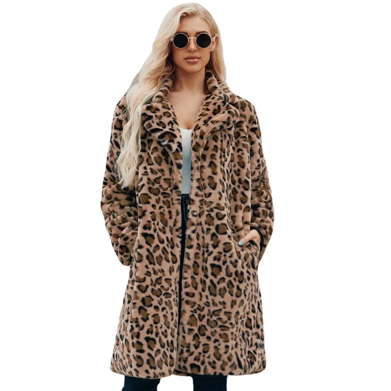 Frauen Faux Pelzmantel Leopard Warme Lose Herbst Winter Dicke Lange Mäntel Drehen Unten Kragen Hülse Hohe Taille Maxi Elegante Jacke