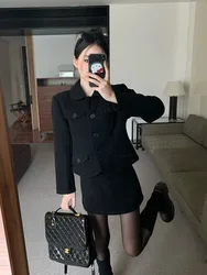 UNXX Skirt Suits Women Fall/Winter French Style Vintage Fleece Long Sleeved Blazers + Half Skirt Set Black Tweed Two-Piece Sets