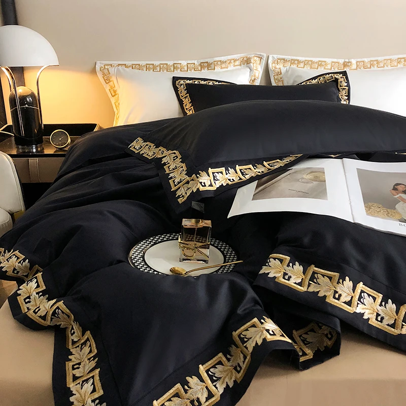 

1000TC Egyptian Cotton Luxury Gold Embroidery Bedding Set Black Khaki Patchwork Duvet Cover Bed Sheet Fitted Sheet Pillowcases