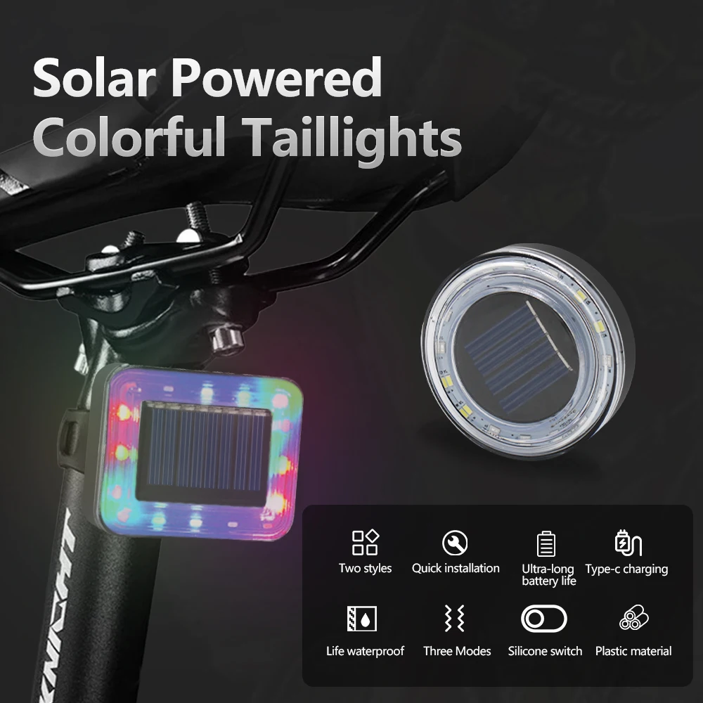 Solar Bicycle Tail Light Colorful Bicycle Rear Lamp Type-C Charging Bike Warning Taillight Cycling Accessories Easy to Install