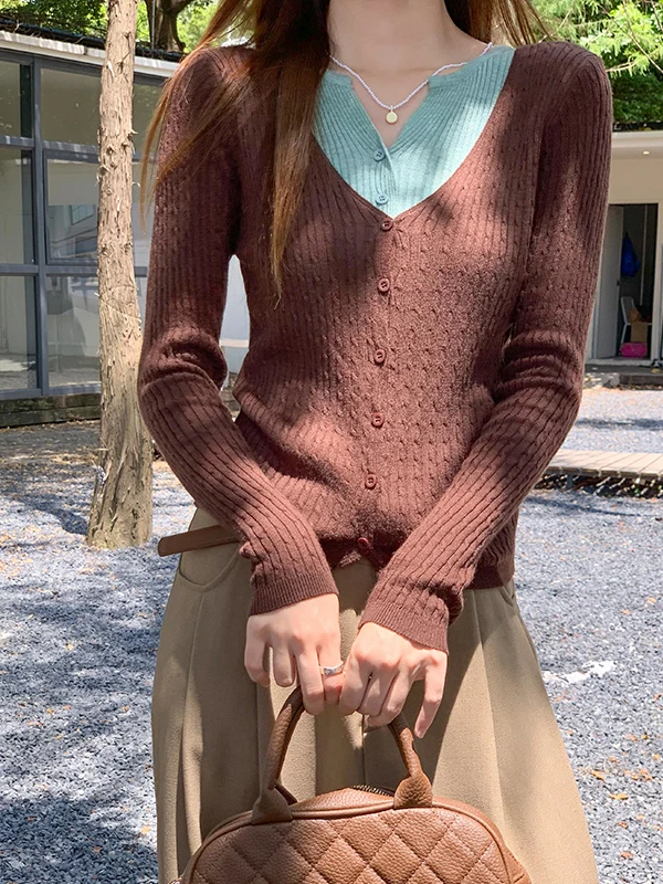 

Caramel Short Knitted V-neck Long Sleeve Women's Slim Fit Cardigan Casual Style Autumn Winter New Fashion Base Layer Top