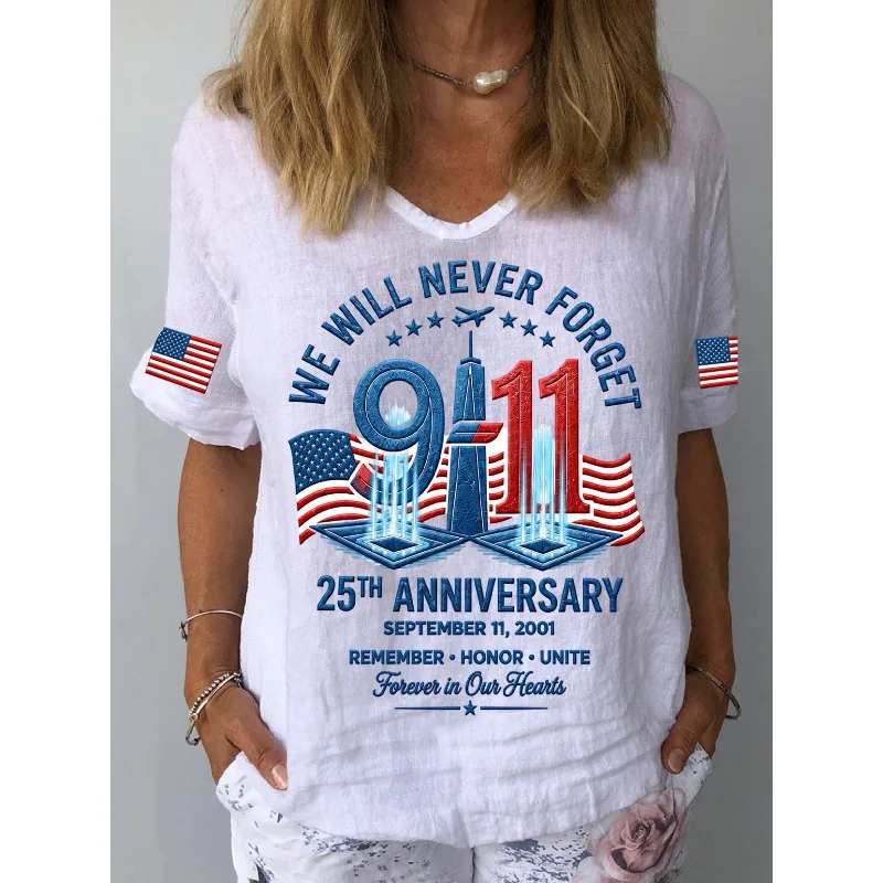 ilstile Women's America Anniversary Never Forget Print T-Shirts Summer Short Sleeve Casual Loose V Neck Tops Tees White NEW