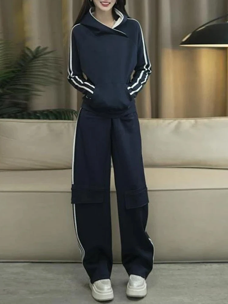 

Спортивный комплект из полосатой толстовки с капюшоном и широких брюк для женщин, свободный крой, модный повседневный наряд из двух предметов, длинные брюки с длинными рукавами