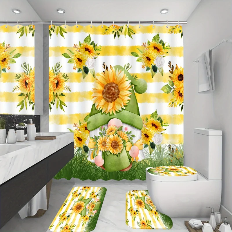 4PCs bright sunflowers gnomes shower curtain set, waterproof shower curtain with 12 hooks, non-slip bathroom rug, toilet U-sha
