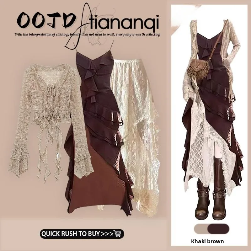 

Retro Lace Asymmetrical Cardigan Inner Wear Women's Dress Three-Piece Set Long Sleeve Casual Spring Fashion Ensemble