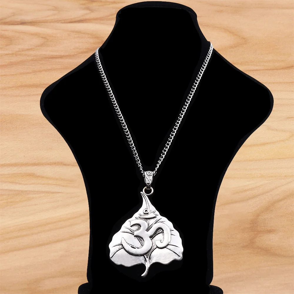 Tibetan Silver Large Bodhi Leaf OM AUM Yoga Symbol Pendant on Long Chain Necklace Lagenlook 34 Inches for Jewelry Women Men Gift