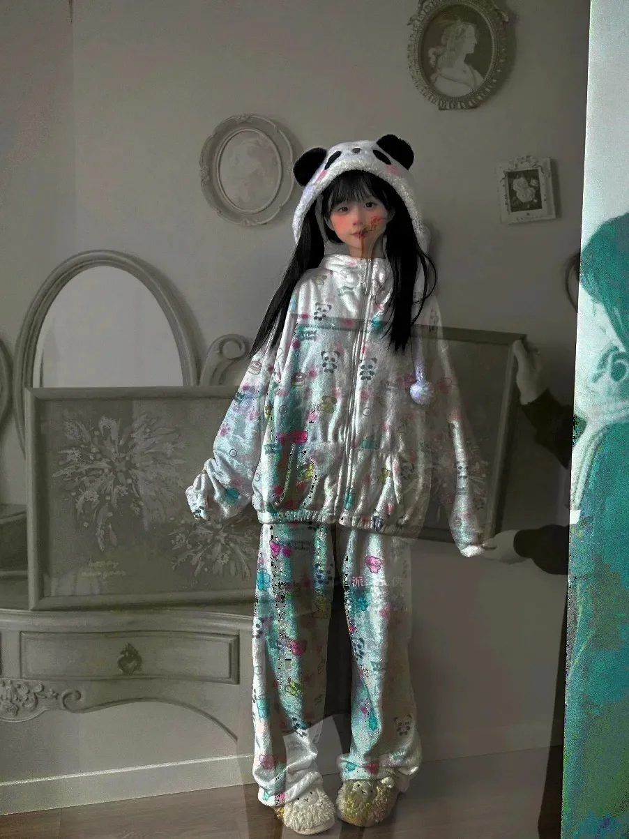 

Winter Thiened Warm Coral Fce Spwear Zipper Set Cute Dinosaur Pattern Home Clothes for Girls Student Casual Sle