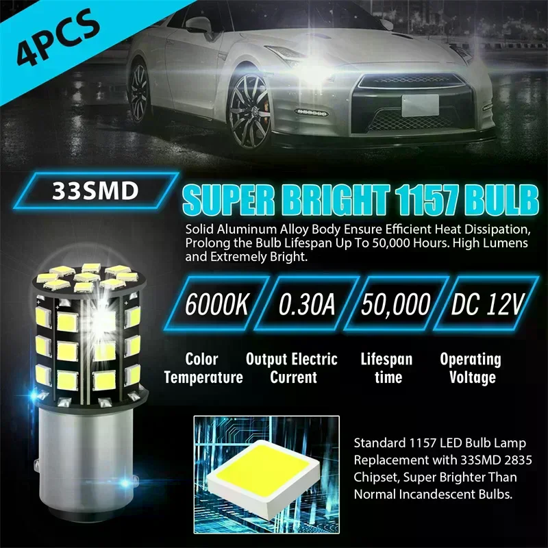 4 Uds 1156 BA15S luces LED de coche luz de freno LED 10-30V luz de señal de giro inversa 2835 Chips 33SMD bombilla de iluminación Plug And Play