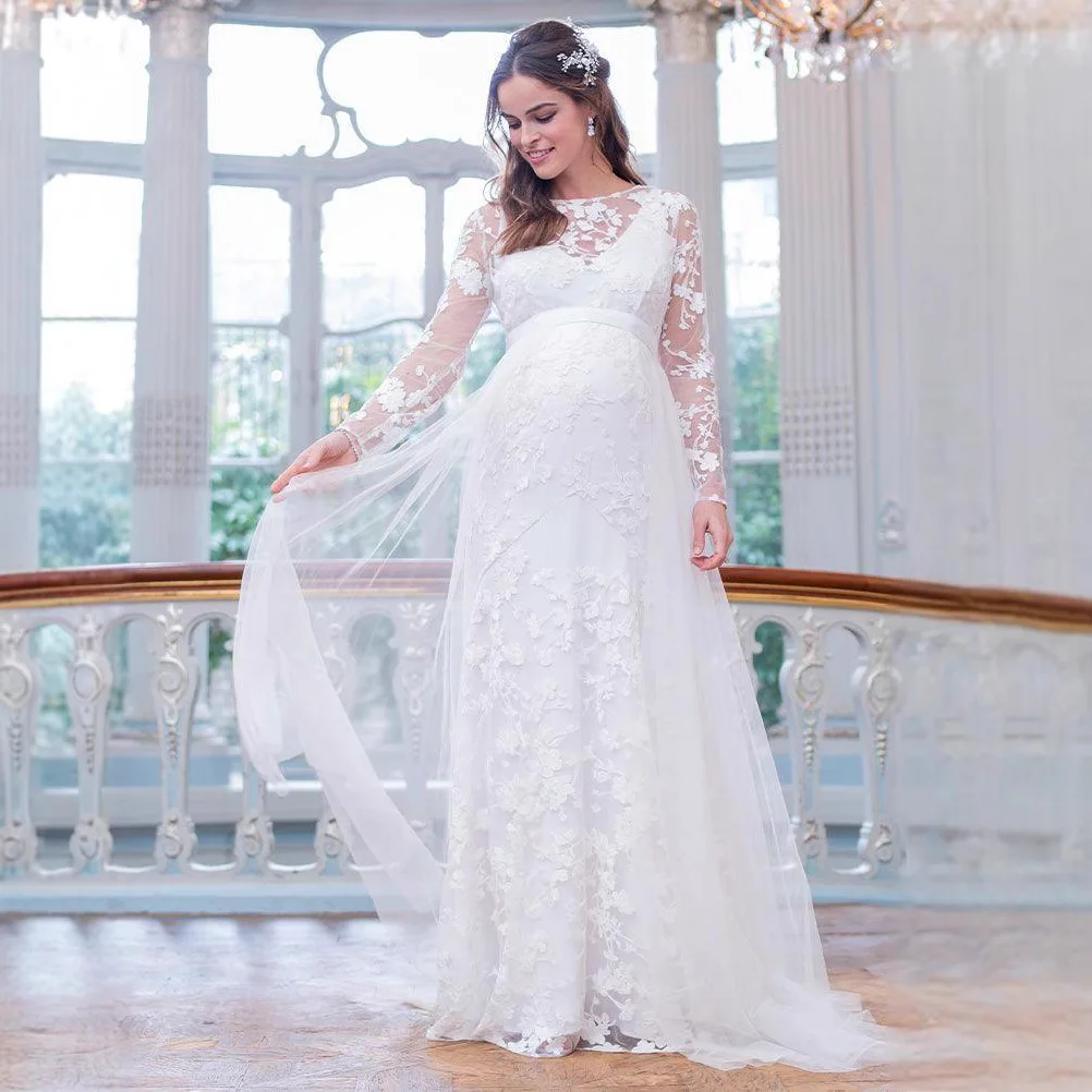 Maternity Full maxi long Dress Lace Long Sleeve V-Shaped Back Hem Puff Maternity Wedding Dress Photography Dresses Pregnancy