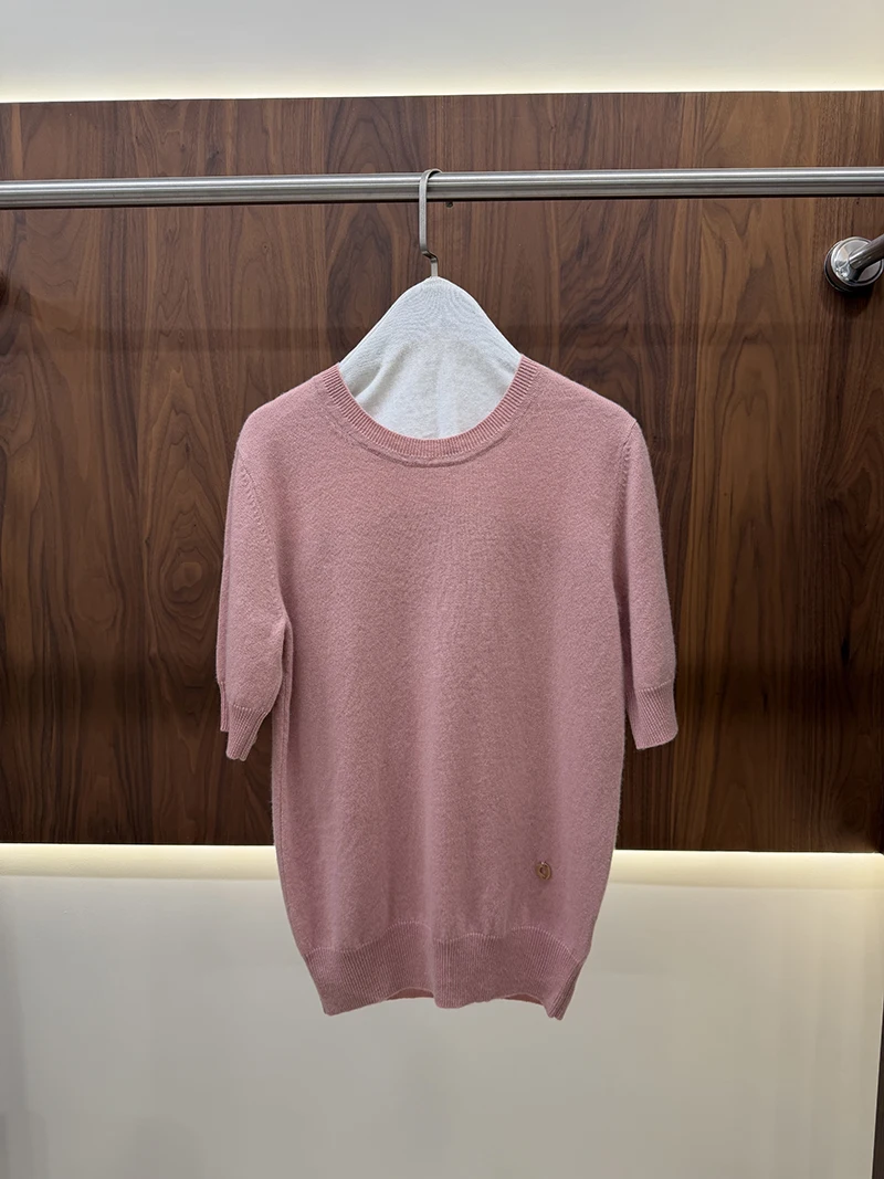 Women's Soft Crew Neck Knit Sweater Short Sleeve Basic Pure Cashmere Casual Top