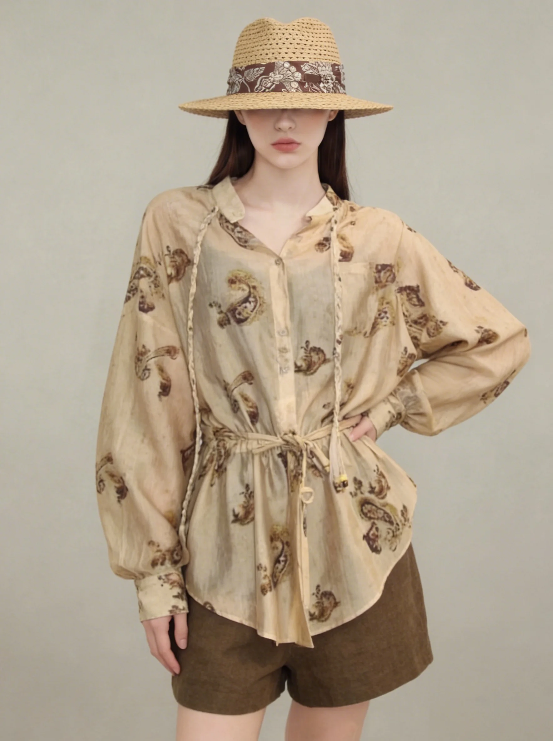 

Khaki Geometric Print Long Sleeve Shirt Women's Unique Stylish Top Casual Loose Fit Polyester Blend Spring Summer Fashion