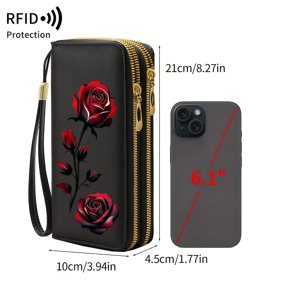 Ladies' Rose Printed Long Handbag Zipper Wallet, Large Capacity Card Bag Flower Handbag. Popular rose wallet fold wallet
