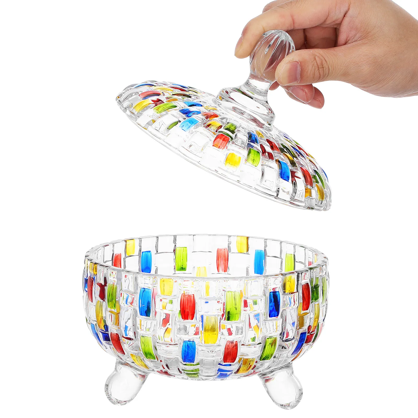 

Eyecatching Color Contrast Patterned Glass Candy Jar with Tight Seal Lid Stylish Storage for Candies Biscuits Loose Tea