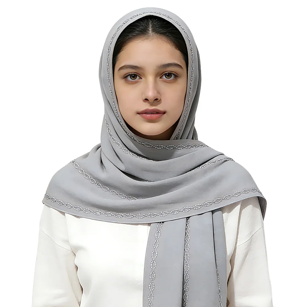 

26-цветные шифоновые мусульманские хиджабы с цепочкой из страз, удобные в носке, не жаркие, 70x170 см, универсальный длинный шарф, исламский головной убор