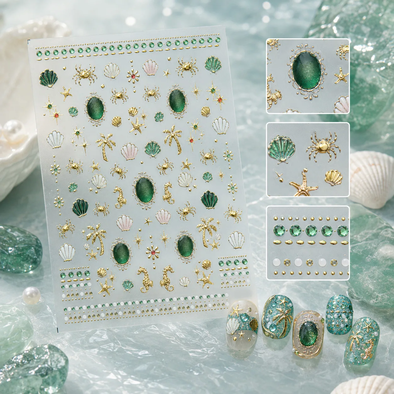 Tropical Ocean 5D Nail Stickers Shell Seahorse Starfish Crab Palm Tree Gem Border Pearl Chain Summer Self‑Adhesive Nail Decal