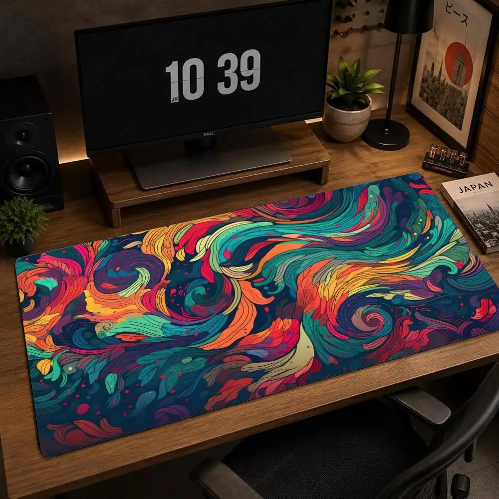 Colorful Swirl Abstract Art Gaming Mouse Pad XXL Curved Deskmat Non‑Slip Rubber Computer Keyboard Mats for Gamer Laptop Table