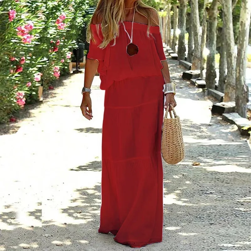 ผู้หญิงฤดูร้อนปิดไหล่ Ruffle ชุดผ้าฝ้ายสั้นพัฟแขน Smocked Flowy สายฉัตรกลาง Rise Beach Boho Long Maxi ชุด