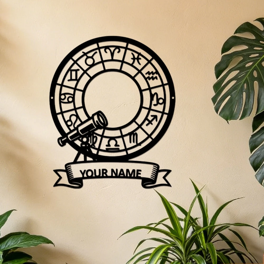 Custom Star Sign Metal Wall Sign, Personalized Name Zodiac Wheel Astrology Telescope Wall Plaque, Mystical Decor, Birthday Gift