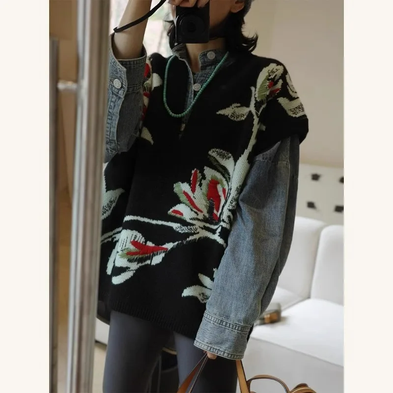 

Ele Bla Printed Knitted Vest Women's Sle 2024 New Winter High-End Unique Top Polyester Fiber V-Ne Single Button