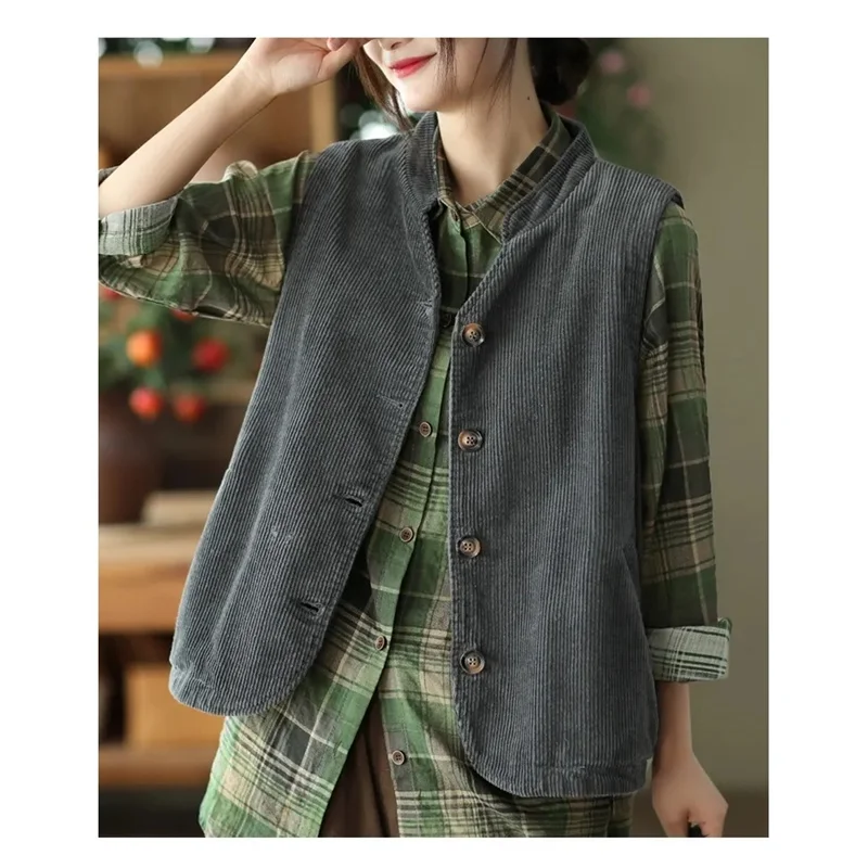 Lady Large Size 5XL Striped Velvet Waistcoat  Autumn Female Stand Collar Double-deck Vest Coat Women Corduroy Sleeveless Jacket