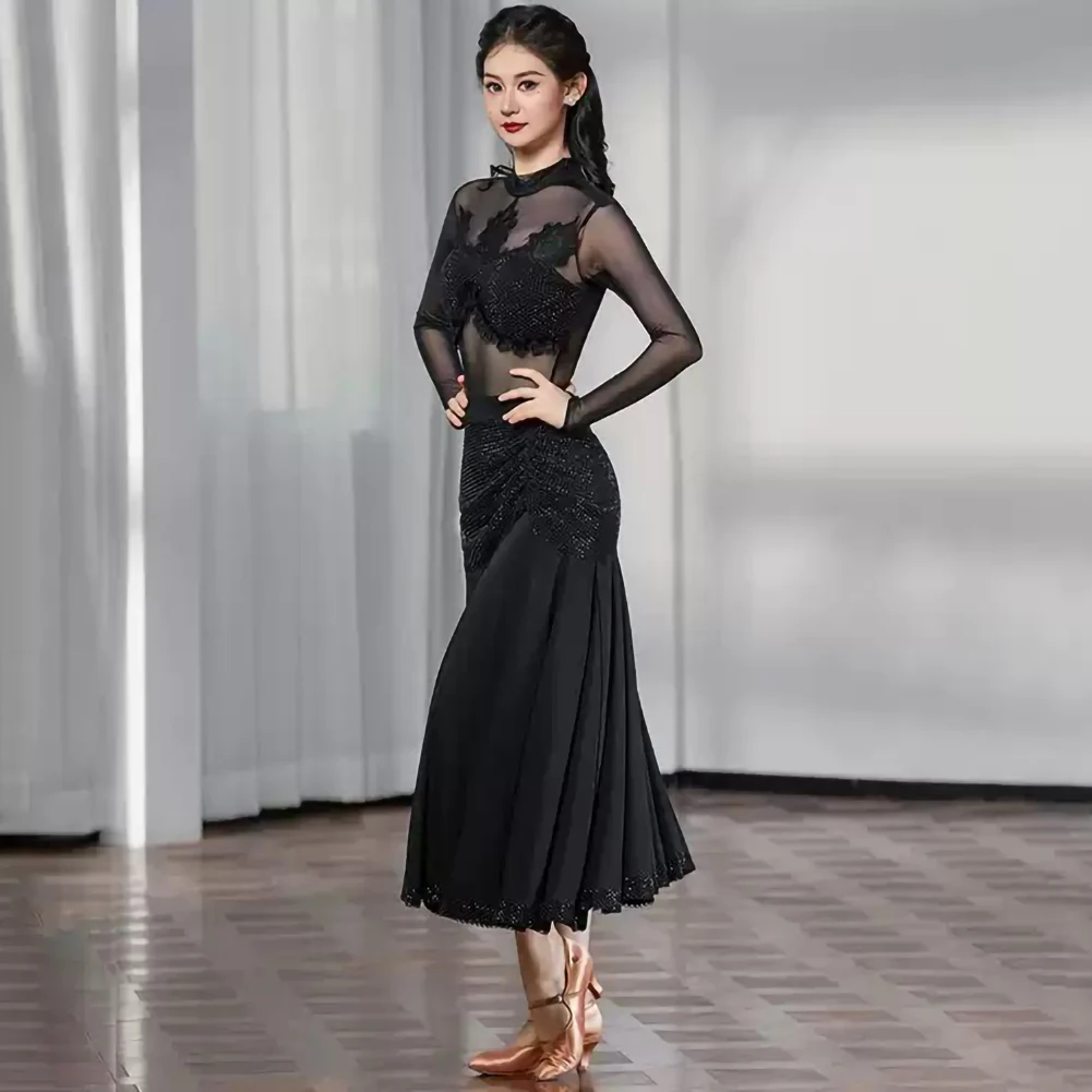 Vestido de competición estándar de manga larga, camisa, práctica de baile de salón, malla, escenario, vals negro, vestido de media longitud para salón de baile