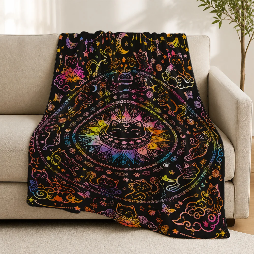 Bohemian Cat Mandala Throw Blanket Psychedelic Cosmic Sofa Decor Cozy Fleece Knit Spiritual Boho Hippie Gift for Couch