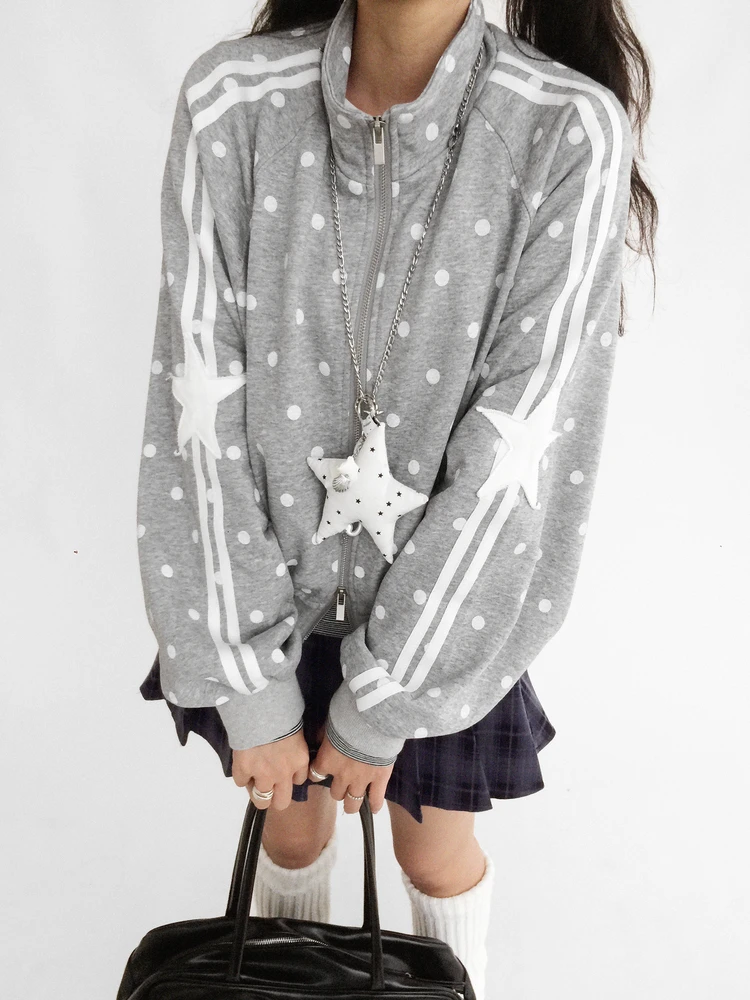 

Innood Polka Dot Print Spor Open Cardigan Long Sve Stand Collar Loose Fit Women's Sweatirt Sle Commute Wind