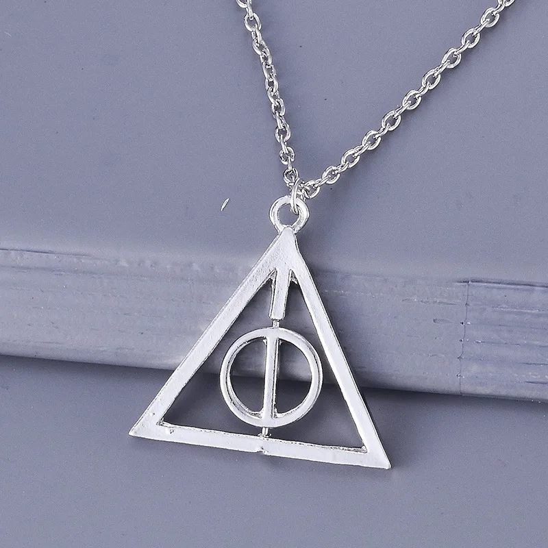 Gothic Punk Silvery Triangle Deathly Hallows Pendant Necklace Fashionable Unisex Sweater Chain Clothing Jewelry Accessories Gift