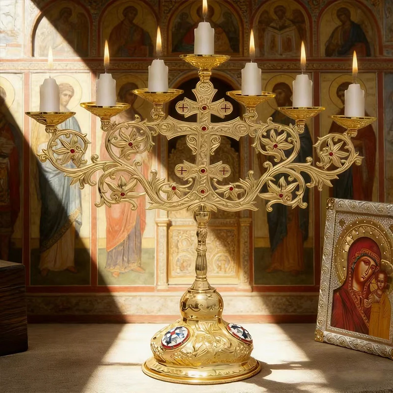 Neuer 2026 Eleganter Vergoldeter Orthodoxer Siebenarmiger Kerzenleuchter mit Roten Akzenten für Gottesdienste und Heimische Andachtsräume – Detail 4