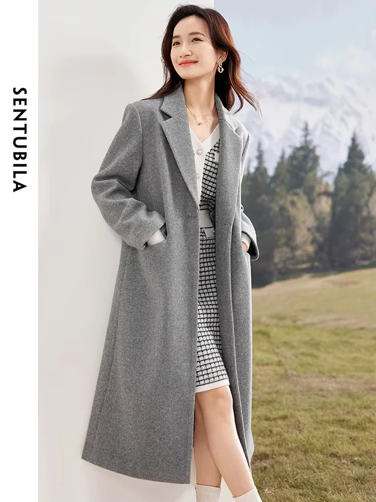 SENTUBILA Women Gray Loose Coat 2025 Winter Elegant Notched Collar Longline Overcoat Korean Popular Women's Clothes 144D58586X