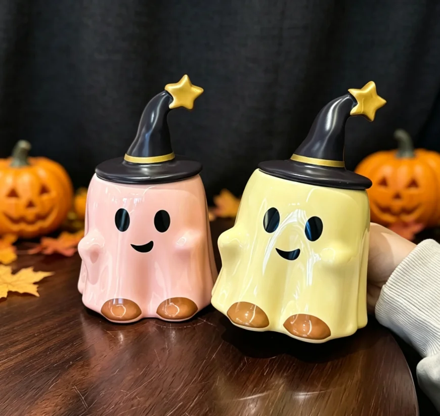 Halloween Ghost Wizard Ceramic Mug With Lid, Cute 3D Ghost Cup, Novelty Coffee Tea Drinking Cup for Home Tabletop Holiday Party