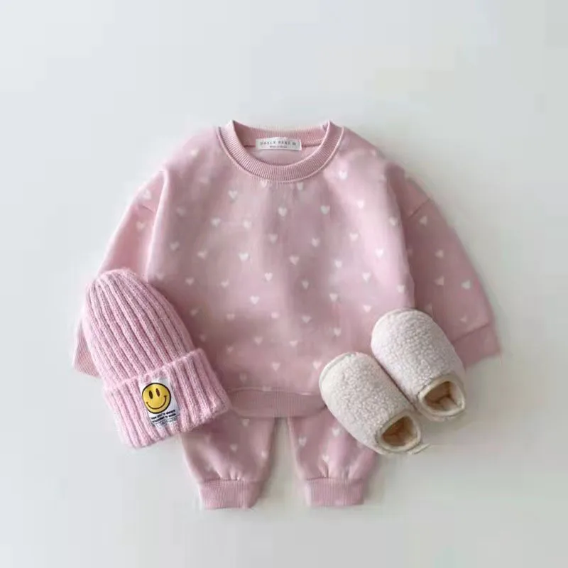 Girls Heart Print Sweatshirt + Pants 2pcs Suit Kids Baby Casual Sports Outfits 2025 Autumn New Children Long Sleeve Clothes Set