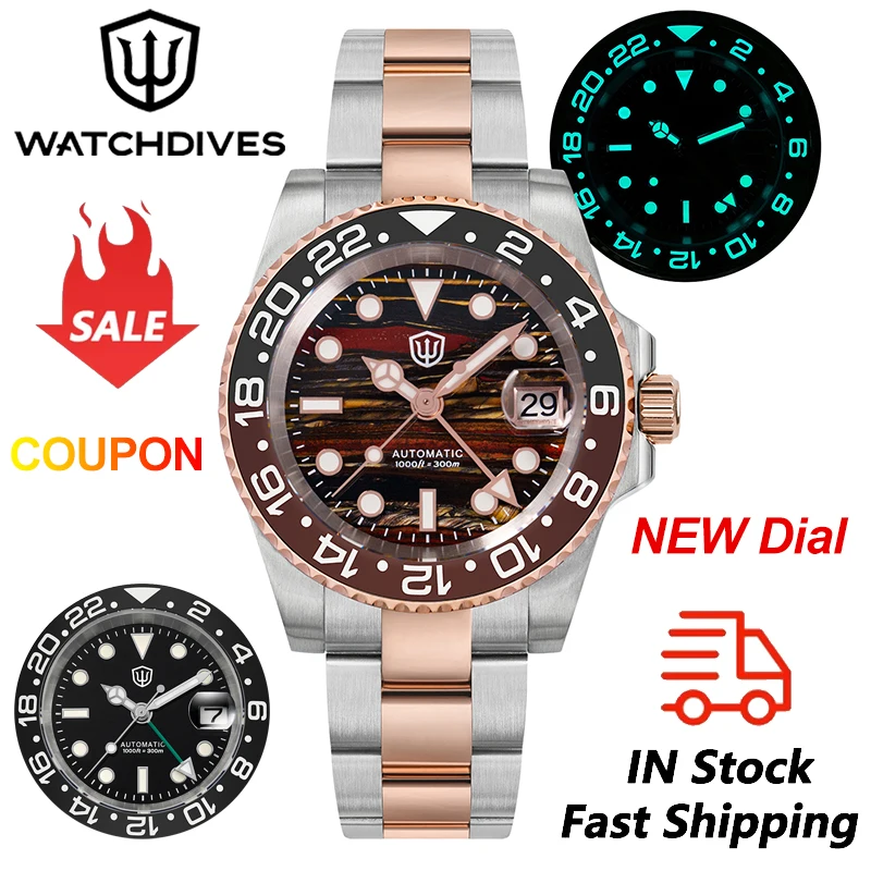 

Watchdives WD16760 V2 Часы NH34 GMT Механизм Часы из нержавеющей стали 300 м Водонепроницаемые сапфировые часы BGW9 Светящиеся часы с подарочной коробкой