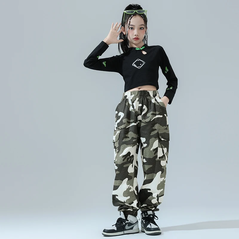 Girls Jazz Dance Clothes Long Sleeves Navel Tops Camouflage Trousers Kids Street Dance Kpop Hiphop Performance Costume BL16945