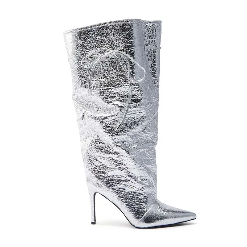 Women Slim Fit Knee‑High Riding Boots Pointed Toe Stiletto High Heel Lace‑Up Metallic Leather Party Fashion Long Boots
