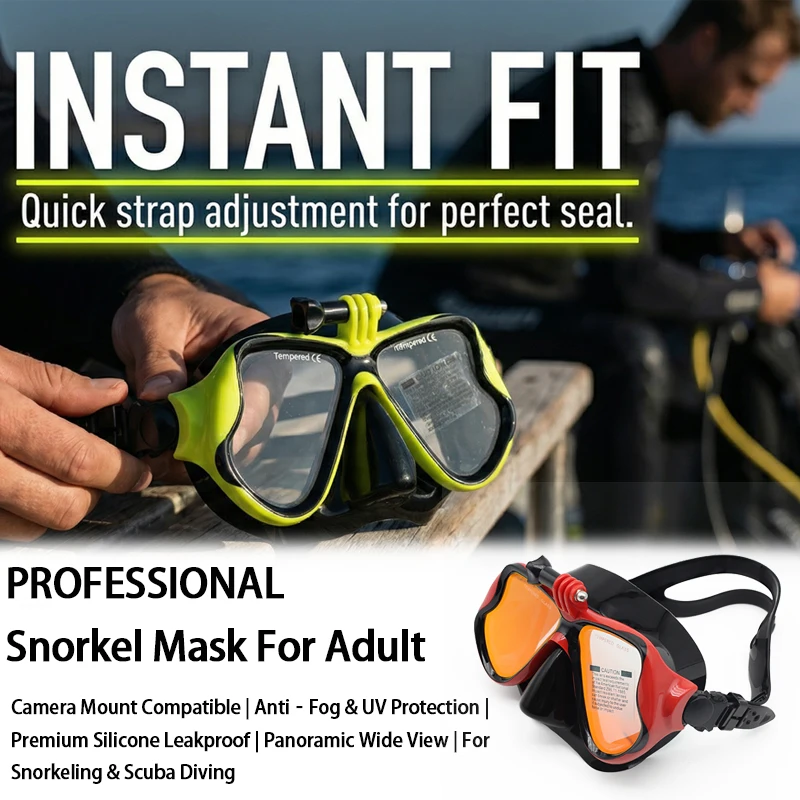 

Professional Large Frame Snorkeling Diving Mask, Tempered Glass,Waterproof, Anti Fog, Swimming Goggles, With Camera Mount