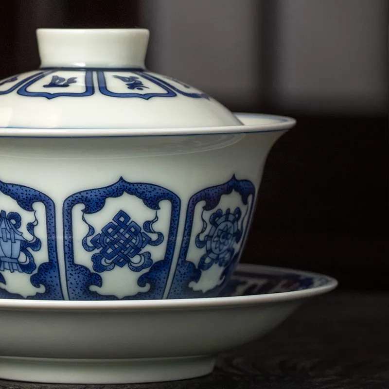 Jingdezhen Blue and White Eight Treasures Gaiwan Can Be Hovered without Scalding Tea Brewing Bowl Household Porcelain Set Large