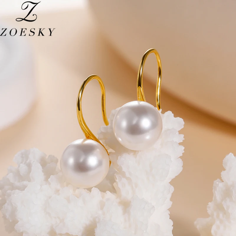 

Zoesky Trendy 8-10mm Round Natural Freshwater Pearl Dangle Earrings For Women Girls Wedding Glossy Earring Party Jewelry Gifts