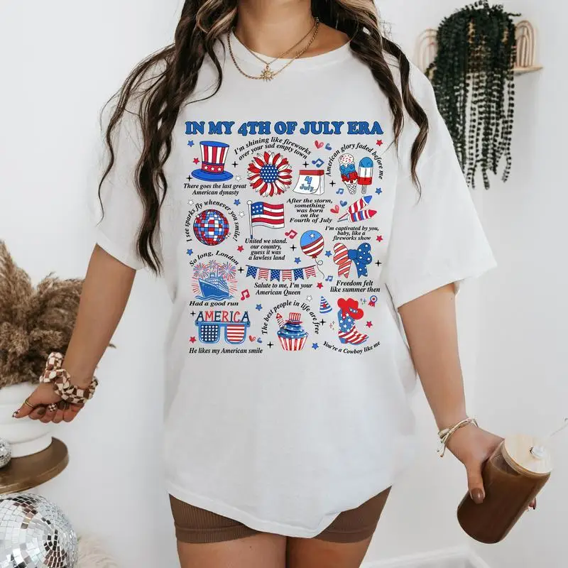

American T-shirt, USA Flag Graphic Tee, In My 4th of July Era Print Top, Fourth of July Outfit, Unisex Summer Holiday T-shirt
