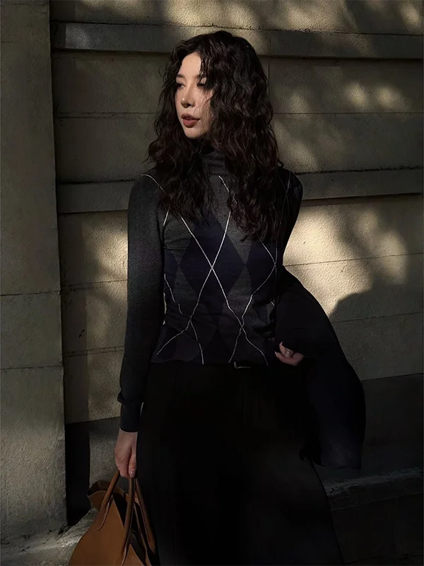 

Nana High-Rise DMX Academy Sle Knitted Base irt Women's New High Collar Inner Wear Diamond Pattern 202555