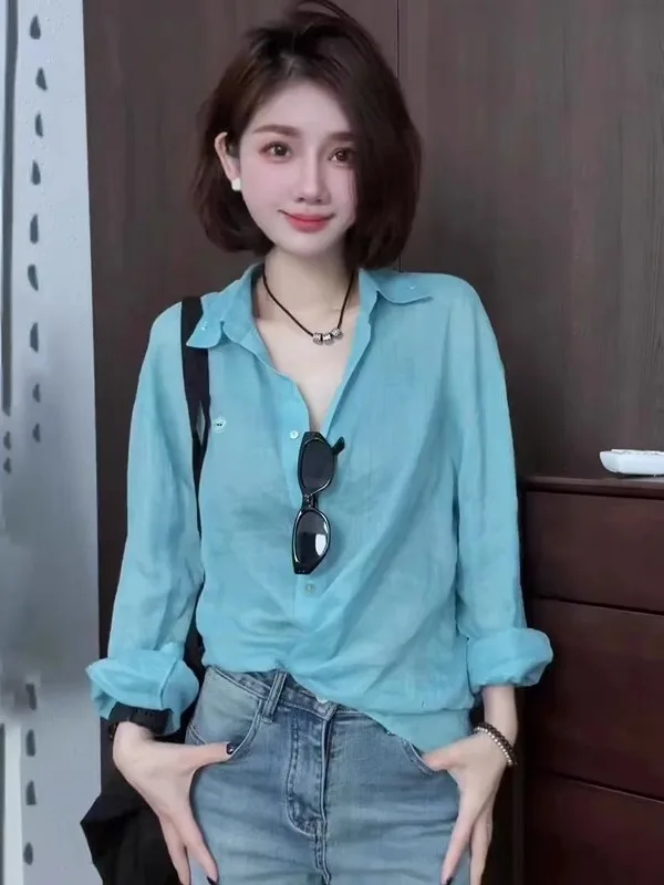 

Синяя летняя рубашка-жакет из хлопка и льна для женщин: легкий, уникальный, красивый топ в корейском стиле для повседневной носки