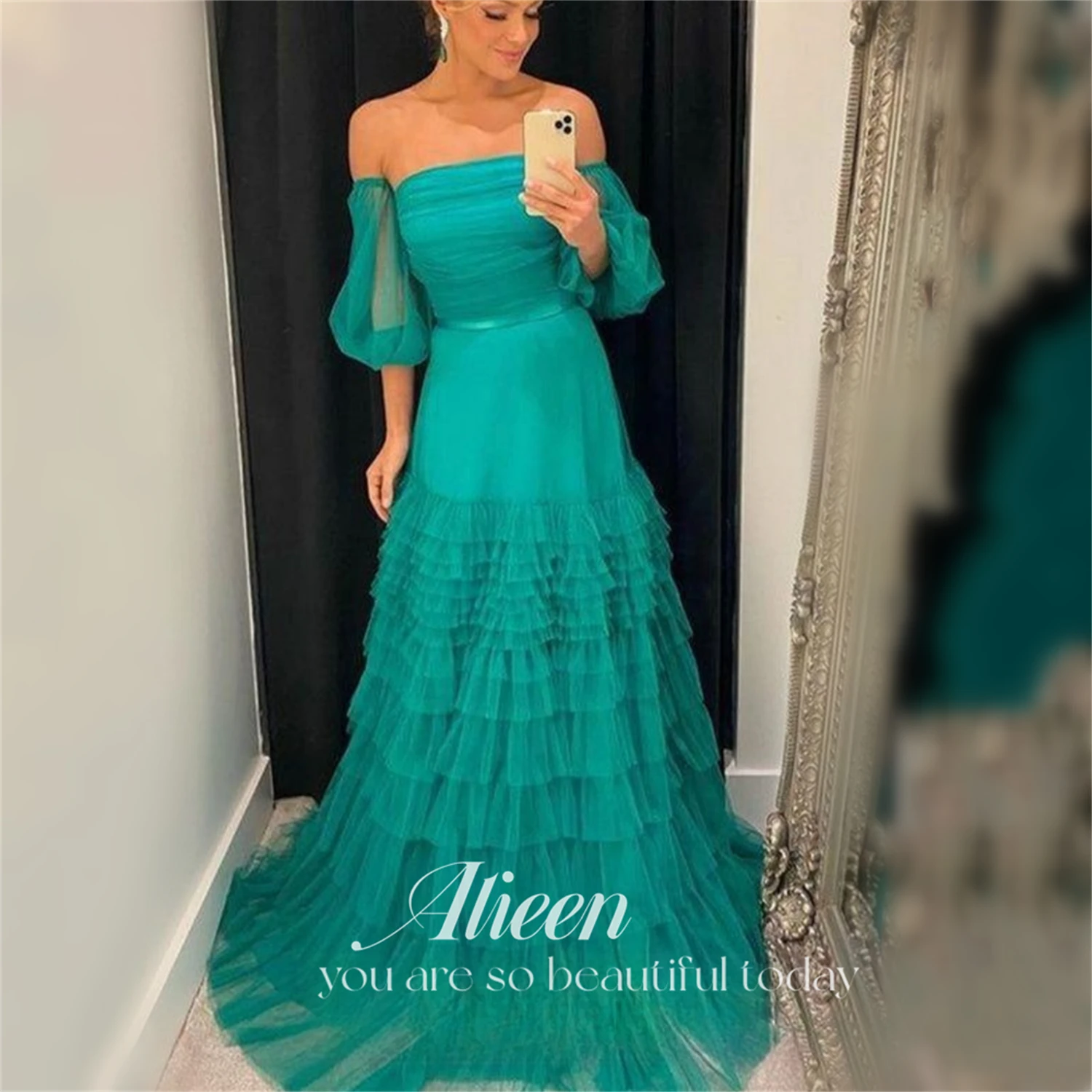 

Aileen Evening Dresses Ladies Layered Party Events Grass Green Guest Wedding Dress Mesh Prom 2023 Luxury Gown Strapless Elegant