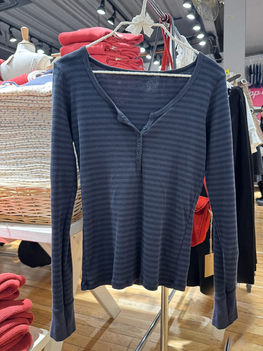 

Темно-синие полосатые топы на молнии, женские повседневные шикарные хлопковые футболки с длинными рукавами и пуговицами, милая тонкая футболка в консервативном стиле Y2K