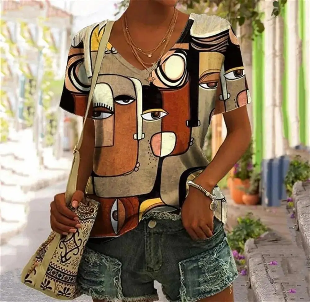 Abstract Face T-Shirts Fake Pocket 3D Print Women's V-Neck Short Sleeve T Shirt Y2K Casual Tees Harajuku Tops Female Clothing