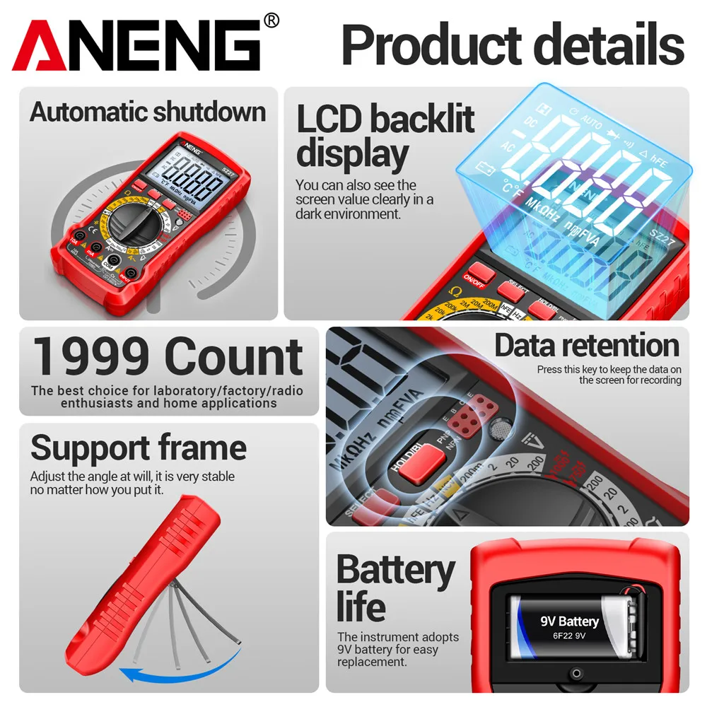 ANENG SZ27 Multimeter 1999 Count Digital AC/DC Voltage Current Tester Ohm Hz Diode Transistor NCV Capacitance Resistance Tester