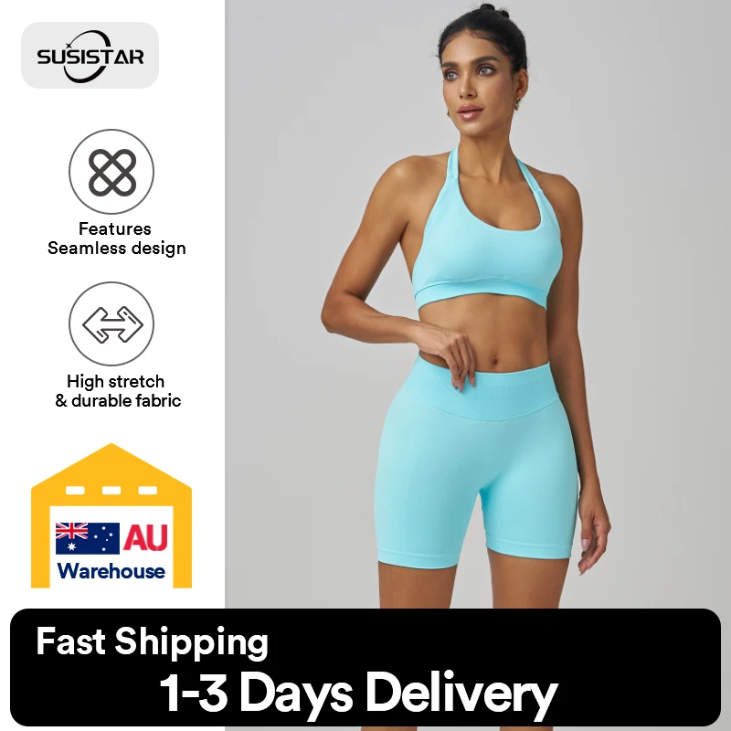 SUSISTAR Ribbed Workout Outfits for Women 2 Piece Seamless Sport Bra High Waist Yoga Leggings Sets