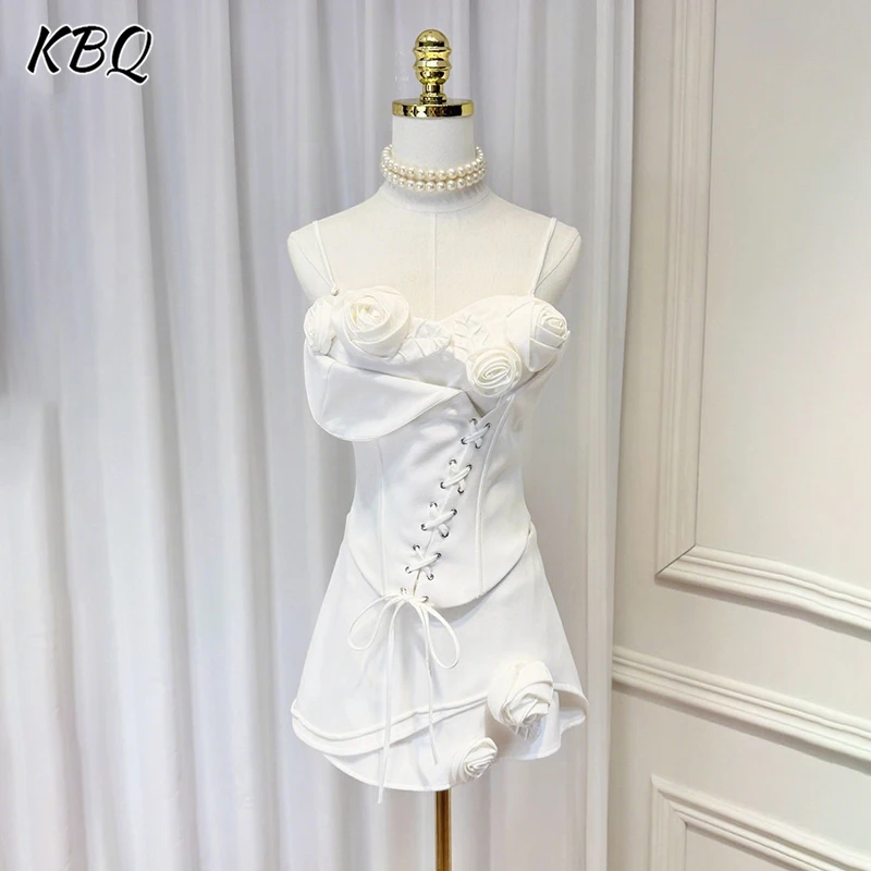 

KBQ Solid Slim Two Piece Sets for Women Square Collar Sleeveless Spliced Appliques Tops High Waist Mini Skirts Chic Set Female