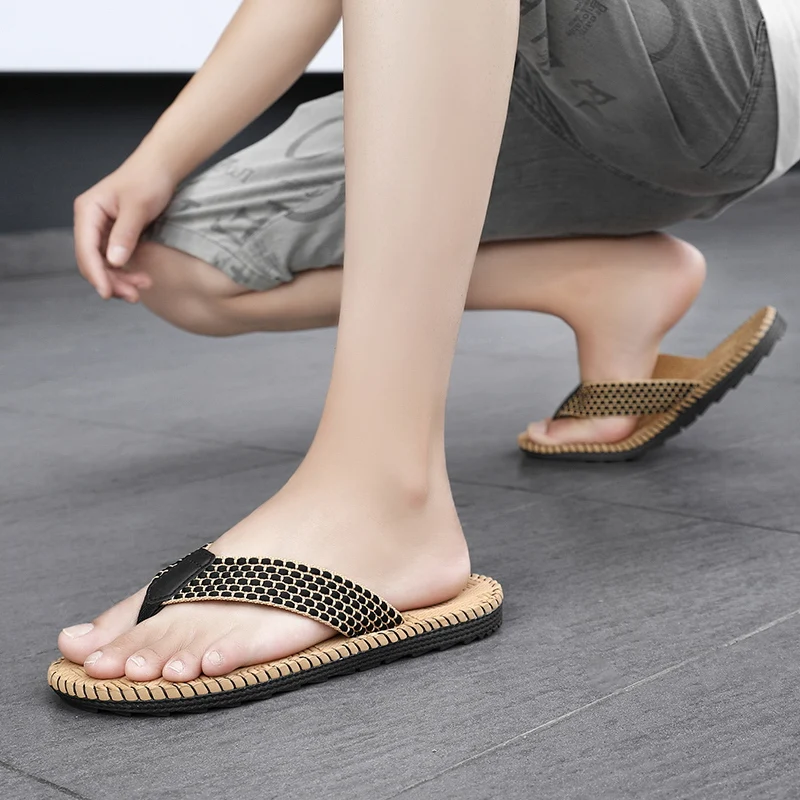 Cheap Summer Linen Slipper Men Indoor Home Shoes Lightweight Weaving Flip flops Men Bedroom Shoes Silent Casual Flip-flops Man